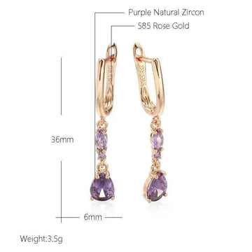 Classic Drop Shape Purple 14K Rolled Rose Gold AAA Zircon Crystals Dangle Earrings - Fine Jewellery